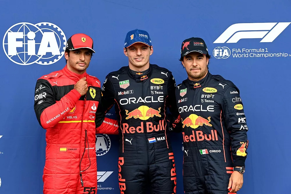 Top three Qualifiers Carlos Sainz, Ferrari, pole man Max Verstappen, Red Bull Racing, Sergio Perez, Red Bull Racing
