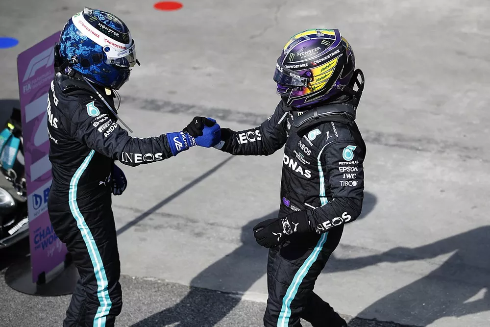 Valtteri Bottas, Mercedes, 3rd position, congratulates Lewis Hamilton, Mercedes, 1st position, in Parc Ferme