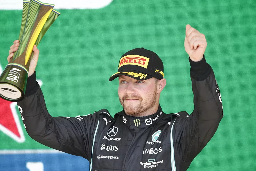 Valtteri Bottas, Mercedes, 3rd position, lifts his trophy
