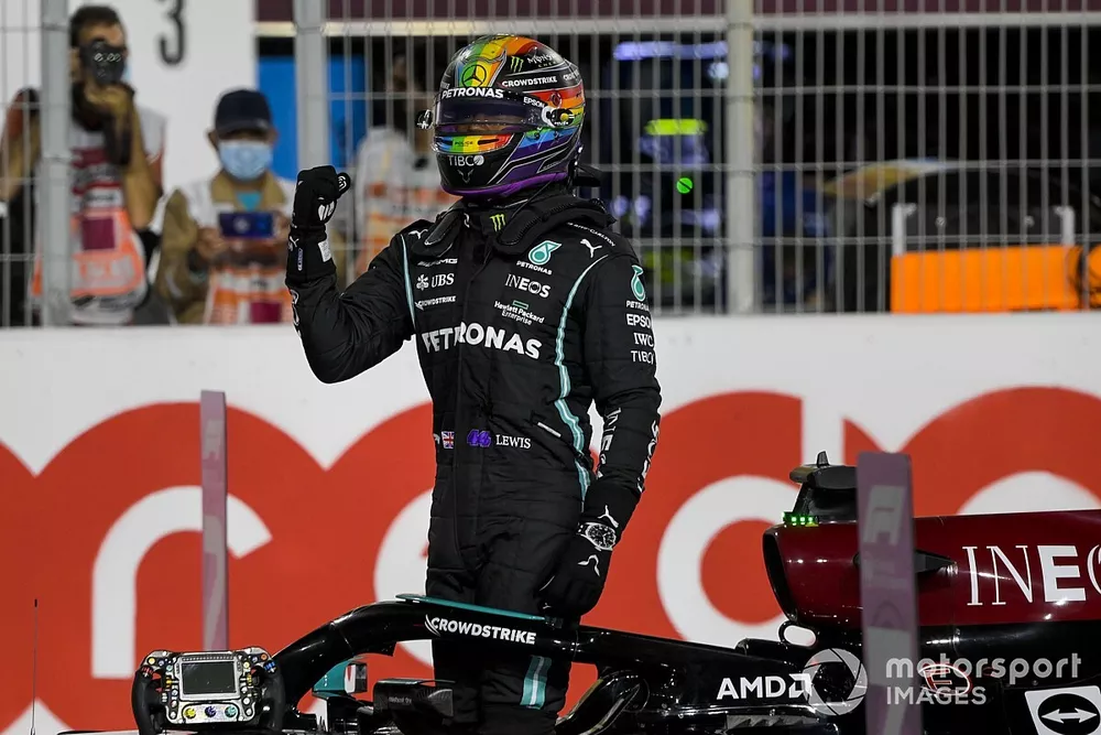 Pole man Lewis Hamilton, Mercedes, celebrates