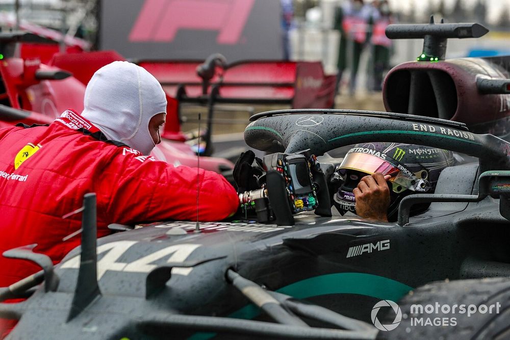 Sebastian Vettel, Ferrari, 3rd position, congratulates Lewis Hamilton, Mercedes-AMG F1, 1st position, in Parc Ferme