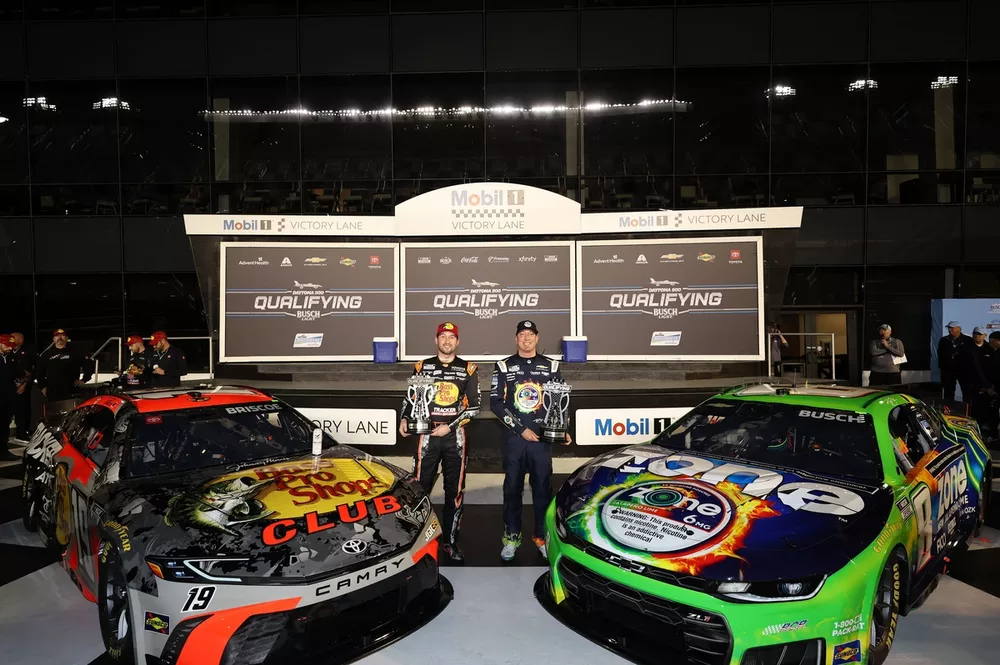 Daytona 500 front row: Chase Briscoe, No. 19 Joe Gibbs Racing Toyota (left), and Kyle Busch, No. Richard Childress Racing Chevrolet (right)