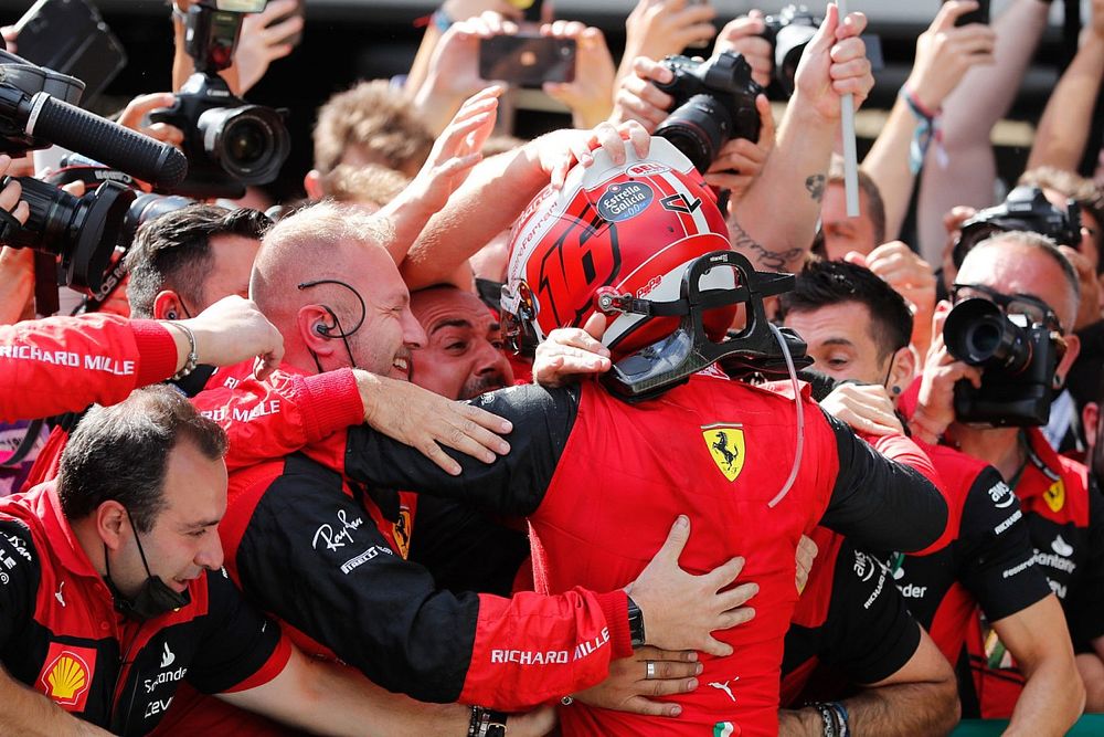Charles Leclerc, Ferrari, 1st position, celebrates with his team in Parc Ferme