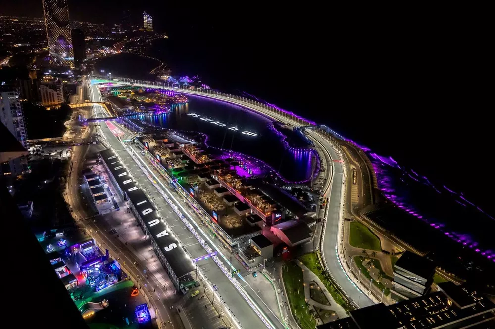 Het Jeddah Corniche Circuit van bovenaf gezien