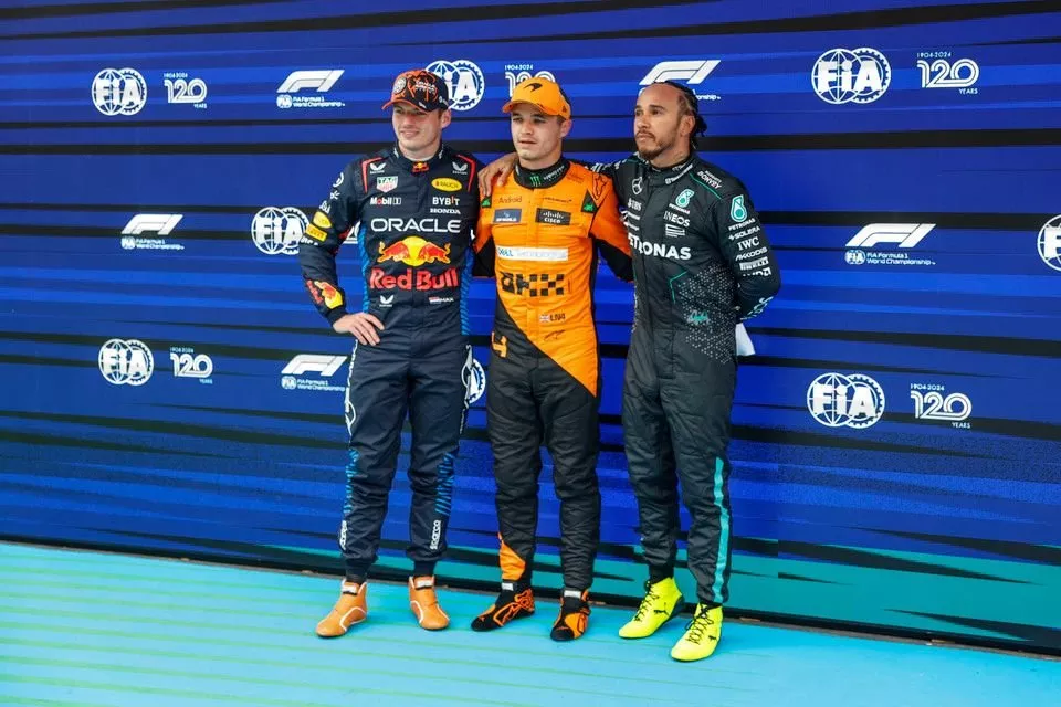 Top three Qualifiers Max Verstappen, Red Bull Racing, pole man Lando Norris, McLaren F1 Team, Lewis Hamilton, Mercedes-AMG F1 Team