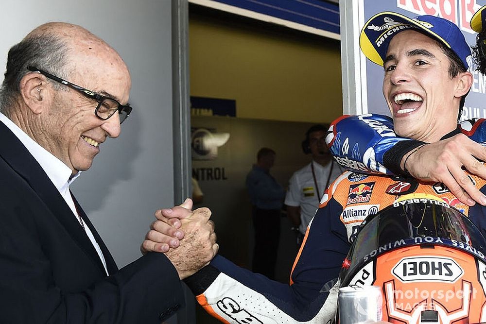 Alex Rins, Team Suzuki MotoGP, Marc Marquez, Repsol Honda Team, Carmelo Ezpeleta, CEO Dorna Sports, Spanish MotoGP Race 2019