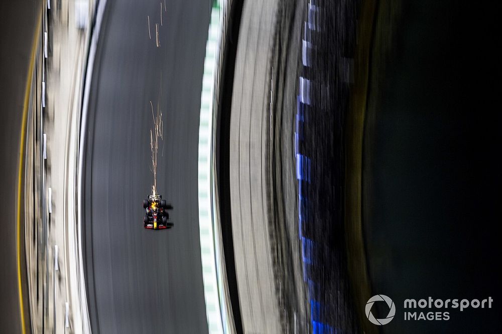 Sparks trail from Sergio Perez, Red Bull Racing RB19