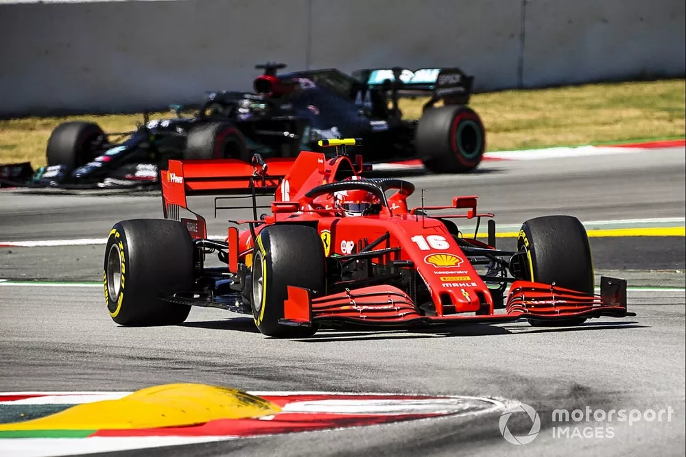 Charles Leclerc, Ferrari SF1000, leads Lewis Hamilton, Mercedes F1 W11 EQ Performance