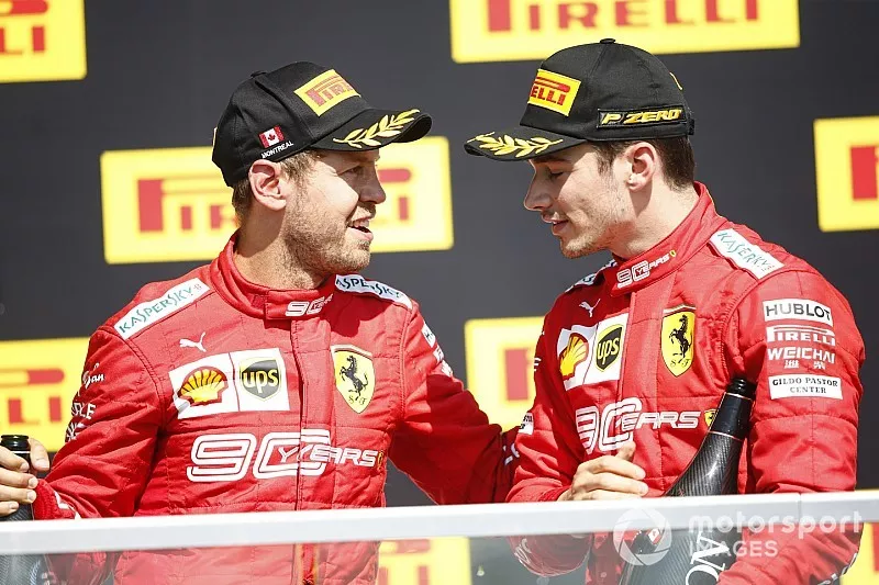 Podio: segundo lugar Sebastian Vettel, Ferrari y tercer lugar Charles Leclerc, Ferrari