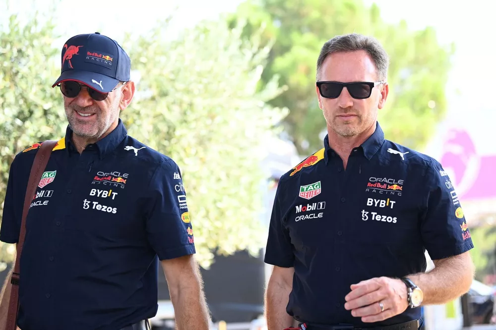 Adrian Newey, Chief Technology Officer, Red Bull Racing, Christian Horner, Team Principal, Red Bull Racing, arrive into the paddock