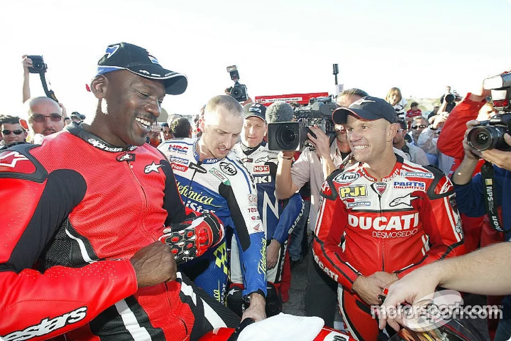 Basketball legend Michael Jordan tries a Ducati Desmosedici