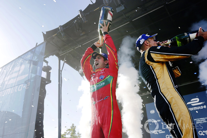 Lucas di Grassi, ABT Schaeffler Audi Sport, and Stéphane Sarrazin, Techeetah, celebrate on the podium