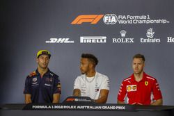 Daniel Ricciardo, Red Bull Racing, Lewis Hamilton, Mercedes AMG F1, and Sebastian Vettel, Ferrari, in the Thursday drivers Press Conference