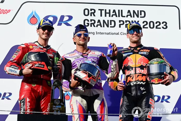 Jorge Martín, Pramac Racing, Francesco Bagnaia, Ducati Team, Brad Binder, Red Bull KTM Factory Racing podio