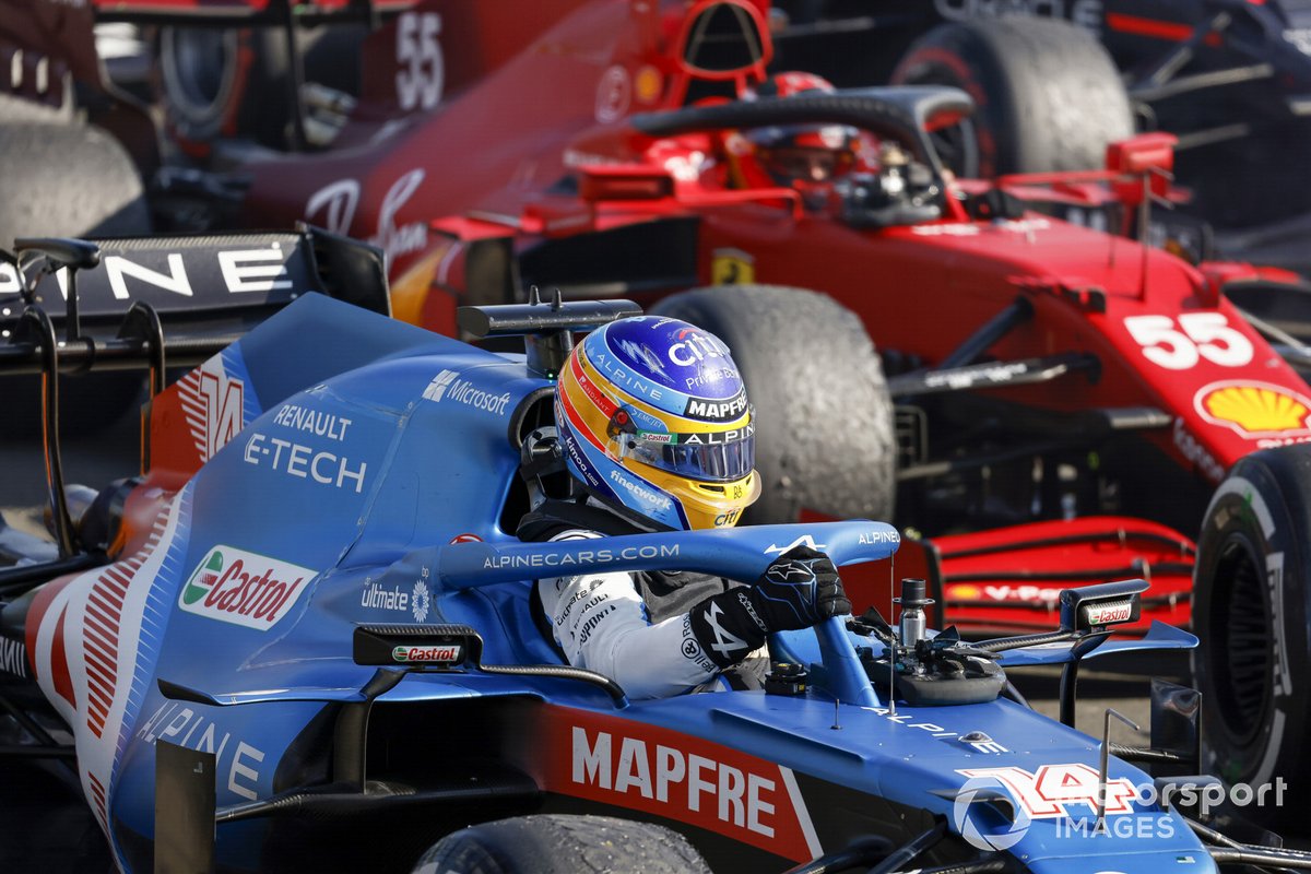 Fernando Alonso, Alpine A521, arrives in Parc Ferme