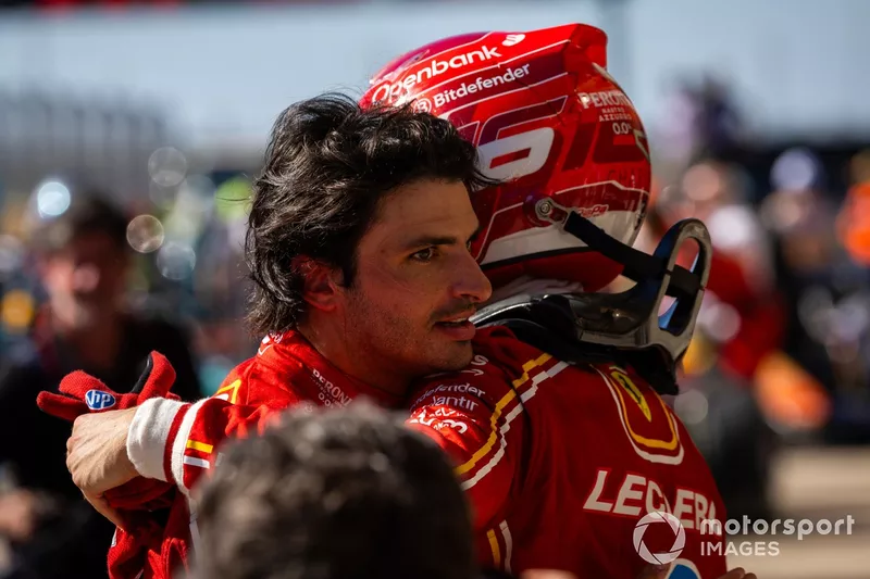 Charles Leclerc, Scuderia Ferrari, 1st position, Carlos Sainz, Scuderia Ferrari, 2nd position, congratulate each other in Parc Ferme