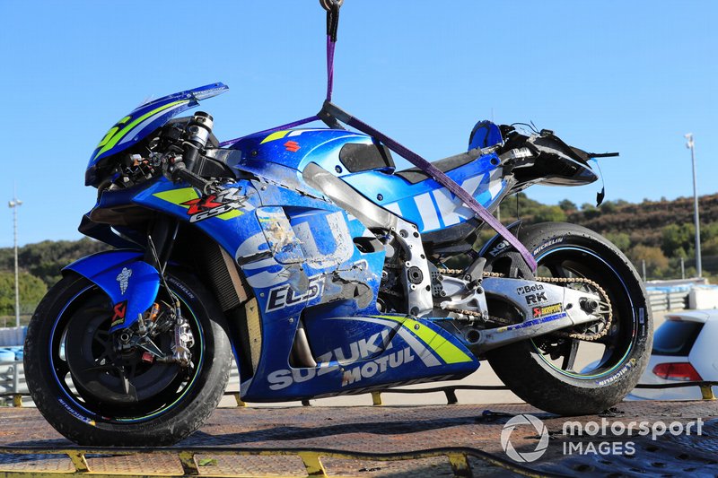 Crashed bike of Joan Mir, Team Suzuki ECStar