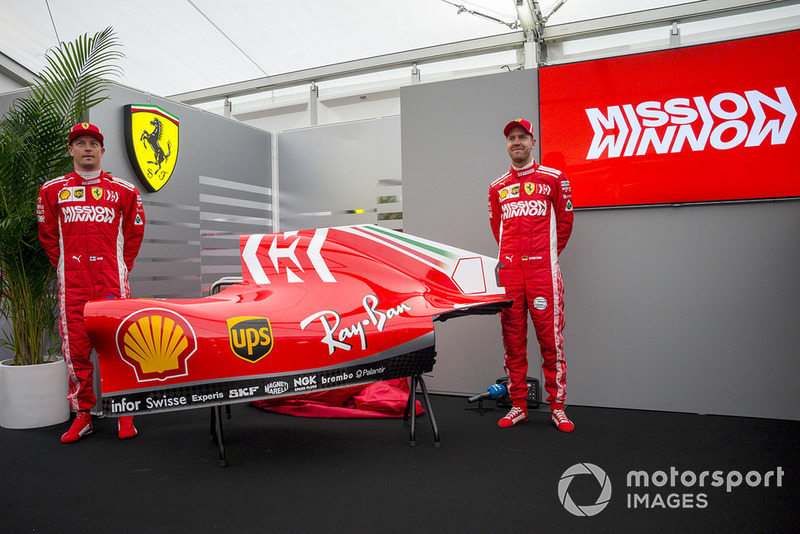 Sebastian Vettel, Kimi Raikkonen, Ferrari, présentent la livrée Mission Winnow