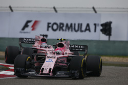 Esteban Ocon, Force India VJM10, leads Sergio Perez, Force India VJM10