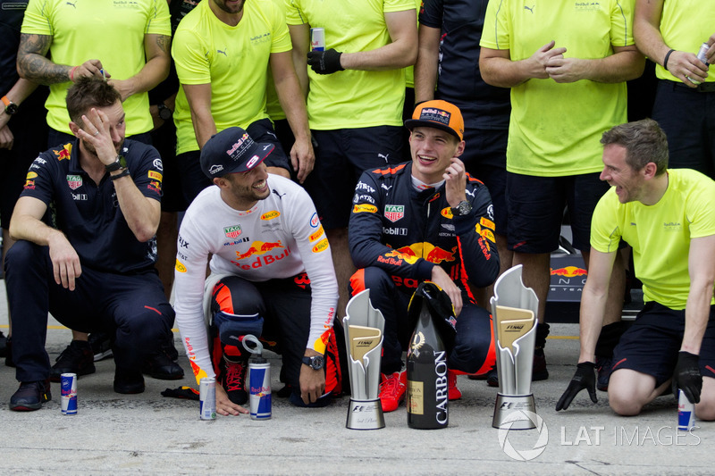 Daniel Ricciardo, Red Bull Racing and race winner Max Verstappen, Red Bull Racing celebrate, the team and the trophies