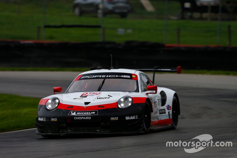 The #912 Porsche of Earl Bamber and Laurens Vanthoor jumped ahead of the #3 Corvette following a pitstop and then pulled away to win. 