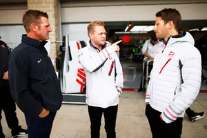 Stewart-Haas Racing NASCAR driver Clint Bowyer with Kevin Magnussen, Haas F1 Team, andRomain Grosjean, Haas F1 Team