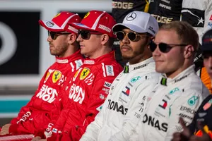 Sebastian Vettel, Ferrari, Kimi Raikkonen, Ferrari, Lewis Hamilton, Mercedes AMG F1 and Valtteri Bottas, Mercedes AMG F1 at the driver group photo 