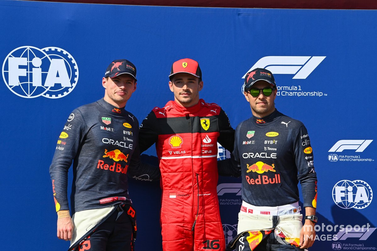 Top three Qualifiers Max Verstappen, Red Bull Racing, pole man Charles Leclerc, Ferrari, Sergio Perez, Red Bull Racing