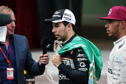Sergio Perez, Sahara Force India F1 with Martin Brundle, Sky Sports Commentator and Lewis Hamilton, Mercedes AMG F1 at the podium