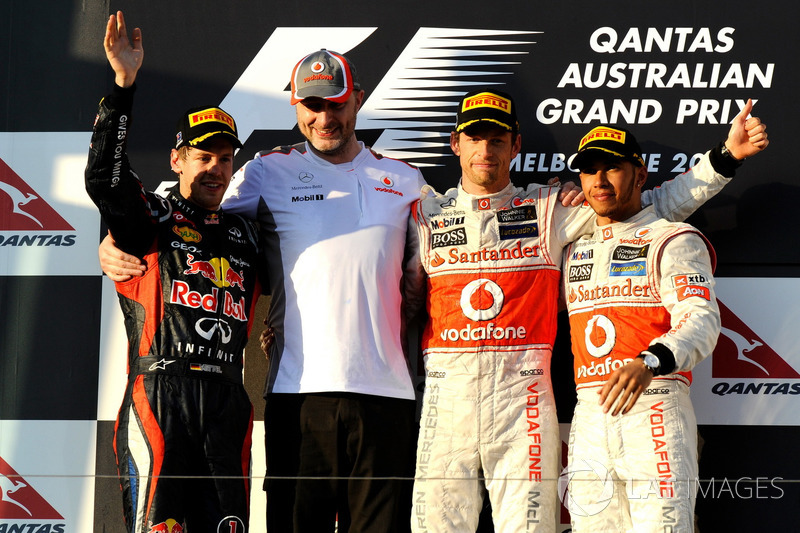 Podium: second place Sebastian Vettel, Red Bull Racing, Race winner Jenson Button, McLaren, third place Lewis Hamilton, McLaren