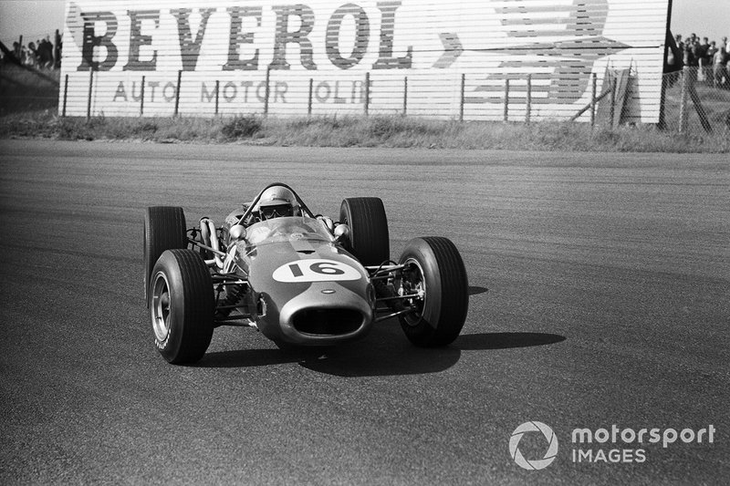 Jack Brabham's third World Championship came in 1966, at the wheel of his own Repco V8-powered BT19. Here he oversteers around Zandvoort on his way to the third of four wins that year. 