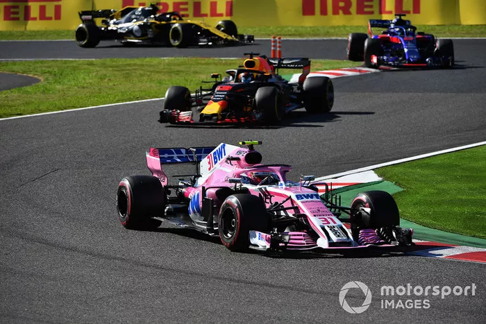 Esteban Ocon, Racing Point Force India VJM11, Daniel Ricciardo, Red Bull Racing RB14 y Brendon Hartley, Scuderia Toro Rosso STR13 