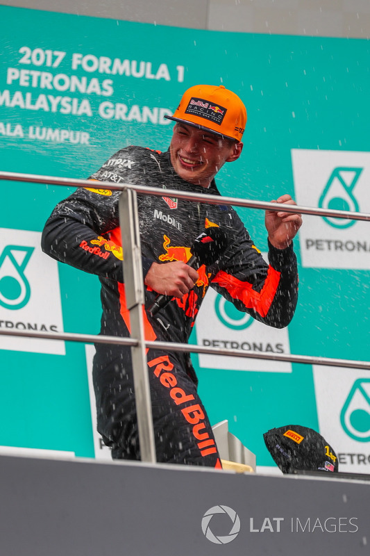 Race winner Max Verstappen, Red Bull Racing celebrates on the podium, the champagne