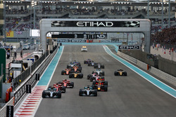 Valtteri Bottas, Mercedes F1 W08, leads Lewis Hamilton, Mercedes F1 W08, Sebastian Vettel, Ferrari SF70H, Kimi Raikkonen, Ferrari SF70H, Daniel Ricciardo, Red Bull Racing RB13, Max Verstappen, Red Bull Racing RB13, and the rest of the field at the start of the race
