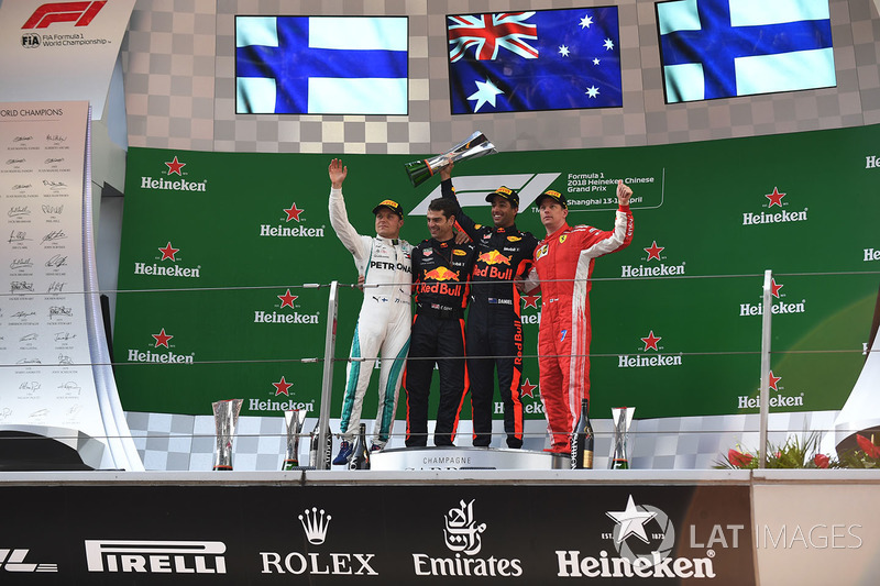 Podium: race winner Daniel Ricciardo, Red Bull Racing, second place Valtteri Bottas, Mercedes-AMG F1, third place Kimi Raikkonen, Ferrari