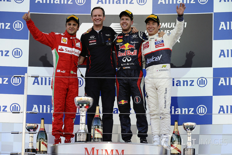 2012: 1. Себастьян Феттель, 2. Фелипе Масса, 3. Камуи Кобаяши