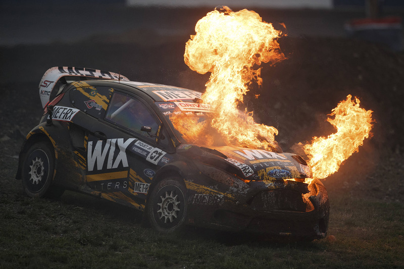 Nelson Piquet Jr., SH Racing Rallycross Ford in flames