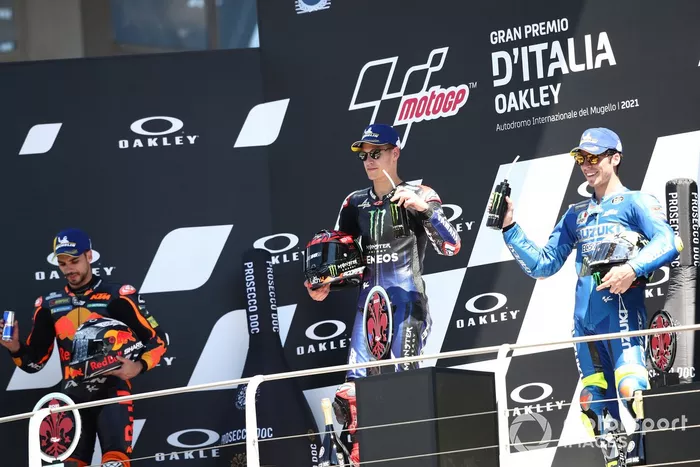 Podio: ganador de la carrera Fabio Quartararo, Yamaha Factory Racing, tercer lugar Miguel Oliveira, Red Bull KTM Factory Racing, segundo lugar Joan Mir, Team Suzuki MotoGP