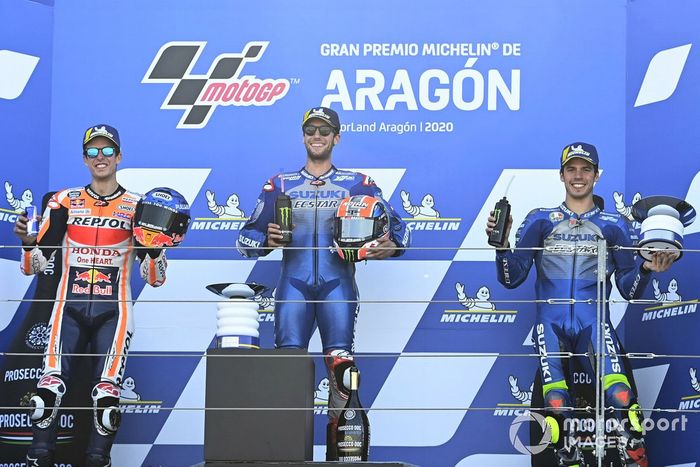 Podium: pemenang Alex Rins, Suzuki MotoGP, runner-up Alex Marquez, Repsol Honda, posisi ketiga Joan Mir, Equipo Suzuki MotoGP