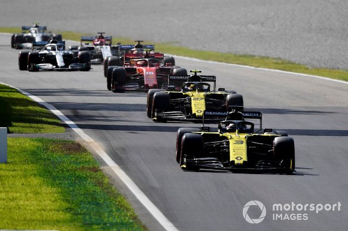 Daniel Ricciardo, Renault F1 Team R.S.19, Nico Hulkenberg, Renault F1 Team R.S. 19, Charles Leclerc, Ferrari SF90, Carlos Sainz Jr., McLaren MCL34, y Lewis Hamilton, Mercedes AMG F1 W10