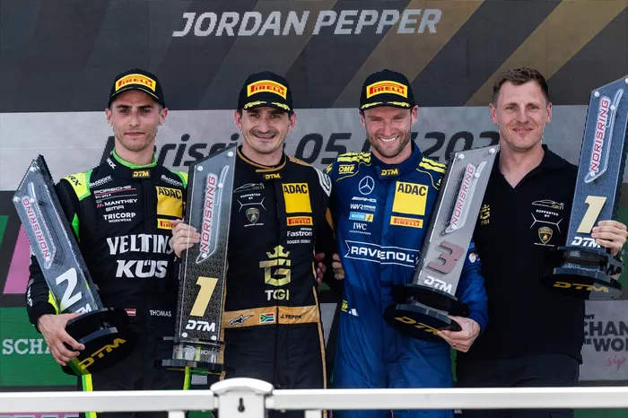 Podium: Race winner Jordan Pepper, Grasser Racing Team, second place Thomas Preining, Manthey EMA, third place Maro Engel, Mercedes-AMG Team WINWARD