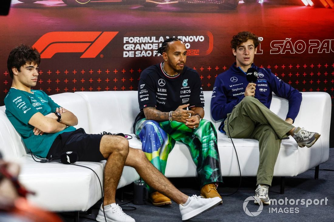 Lance Stroll, Aston Martin F1 Team, Lewis Hamilton, Mercedes-AMG F1 Team, Franco Colapinto, Williams Racing, en la rueda de prensa 