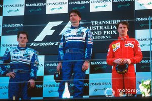 Podium: Second place Jacques Villeneuve, Williams, Race winner Damon Hill, Williams, third plac Eddie Irvine, Ferrari