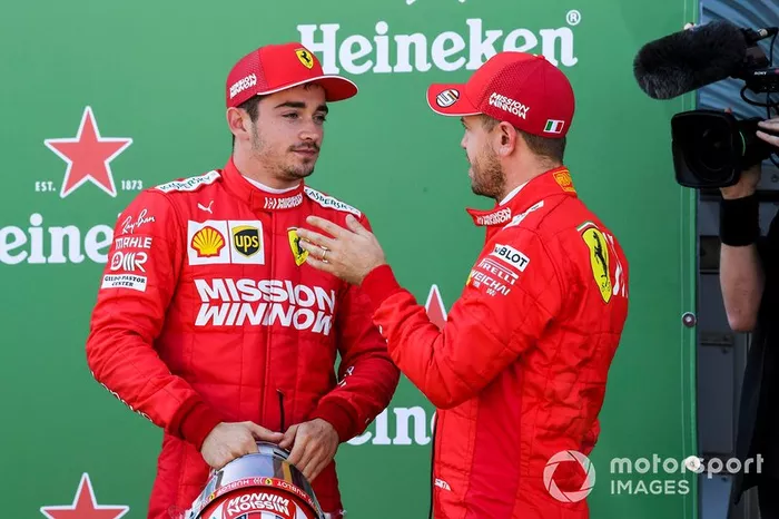Front row starters Charles Leclerc, Ferrari, and pole man Sebastian Vettel, Ferrari, after Qualifying