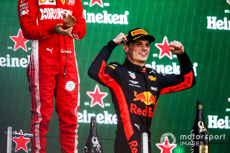 Max Verstappen, Red Bull Racing, 1st position, celebrates victory on the podium