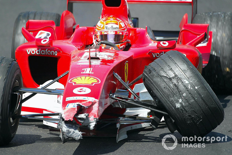 Michael Schumacher, Ferrari F2004 after hitting the wall in the tunnel under the safety car