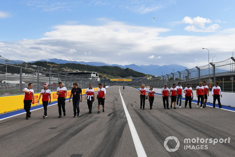 Charles Leclerc, Sauber, Antonio Giovinazzi, Sauber and Marcus Ericsson, Sauber walk the track