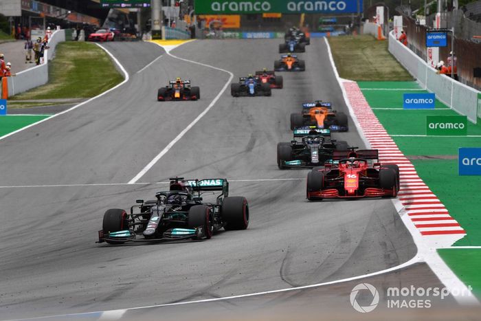 Lewis Hamilton, Mercedes W12, Charles Leclerc, Ferrari SF21, Valtteri Bottas, Mercedes W12, and Daniel Ricciardo, McLaren MCL35M