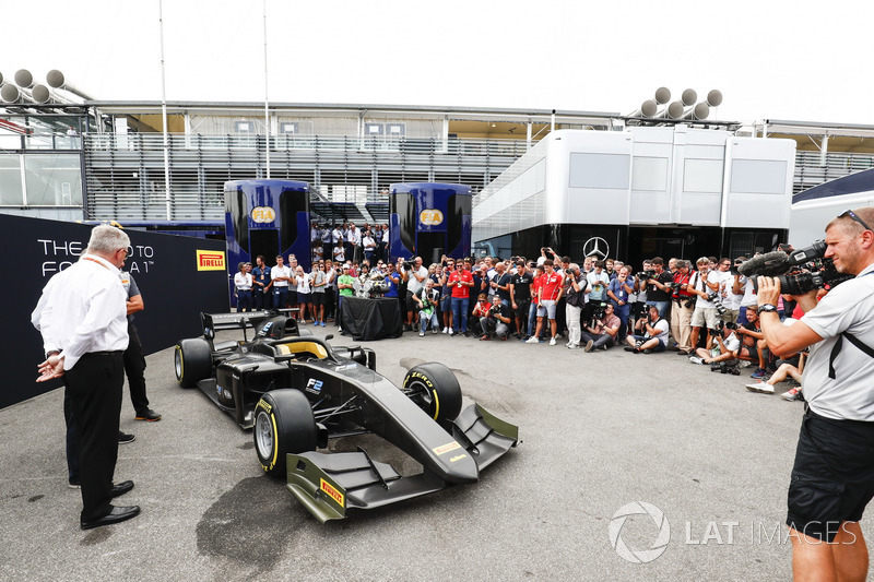 The new 2018 F2 car is unveiled in the paddock