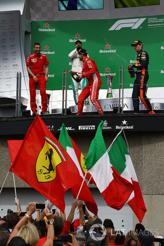 Sebastian Vettel, Ferrari celebrates on the podium